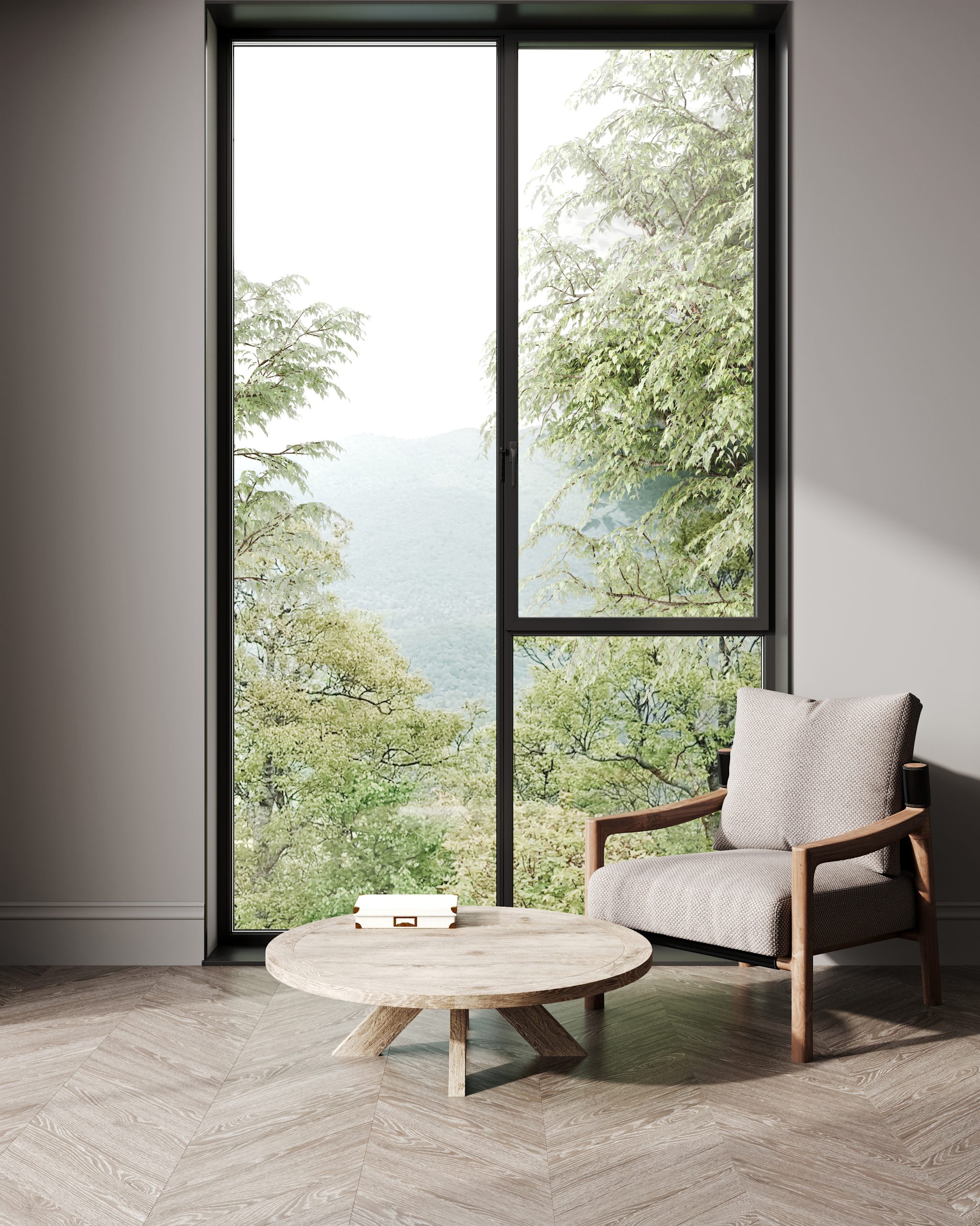 Living room interior with beige armchair, coffee table, big wind